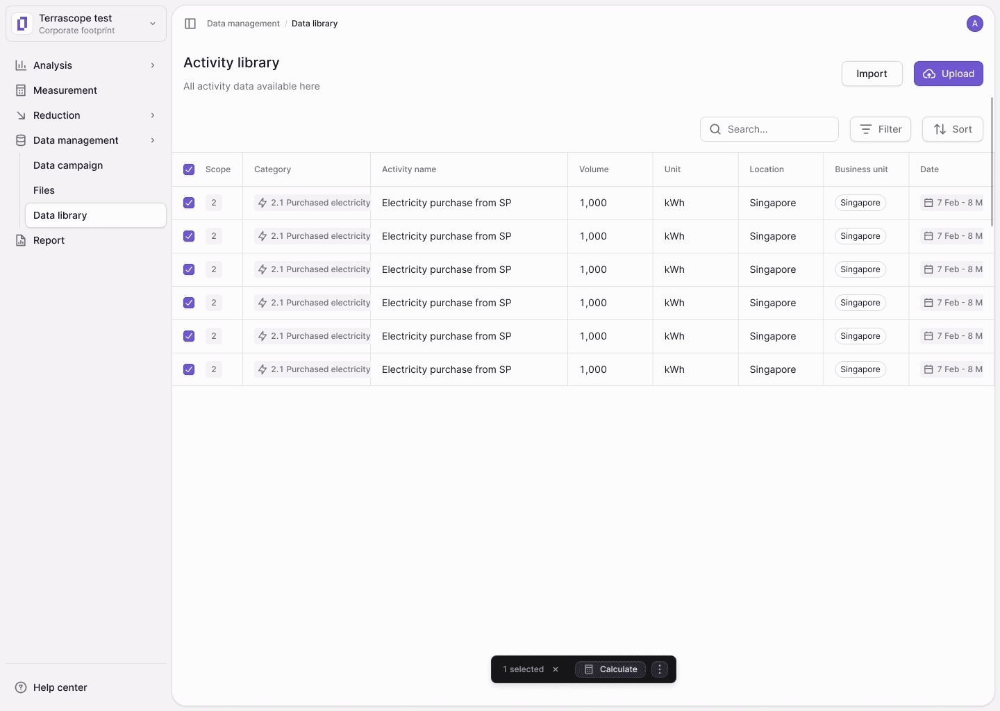 Project workspace data table
